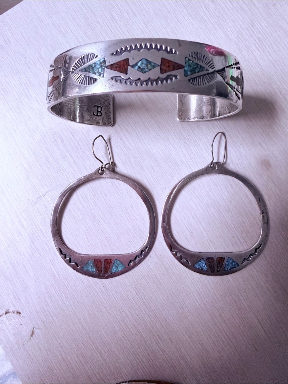 Sterling Silver Inlay Turquoise & Coral Cuff Bracelet and Hoop Earrings